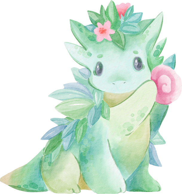 Cartoon watercolor dragon, flowers